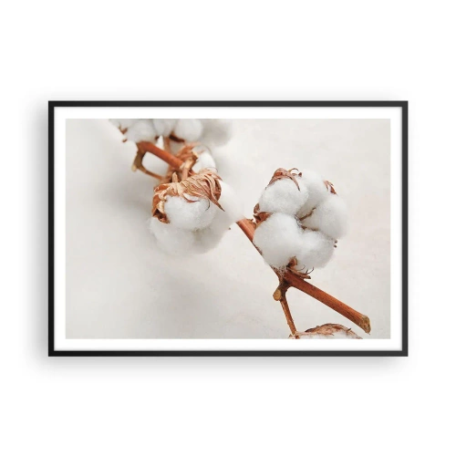 Póster en marco negro - Una ramita de algodón sobre un fondo sutil. - 100x70cm - Un suave tacto - Decoración de pared moderna para salón y dormitorio ARTTOR
