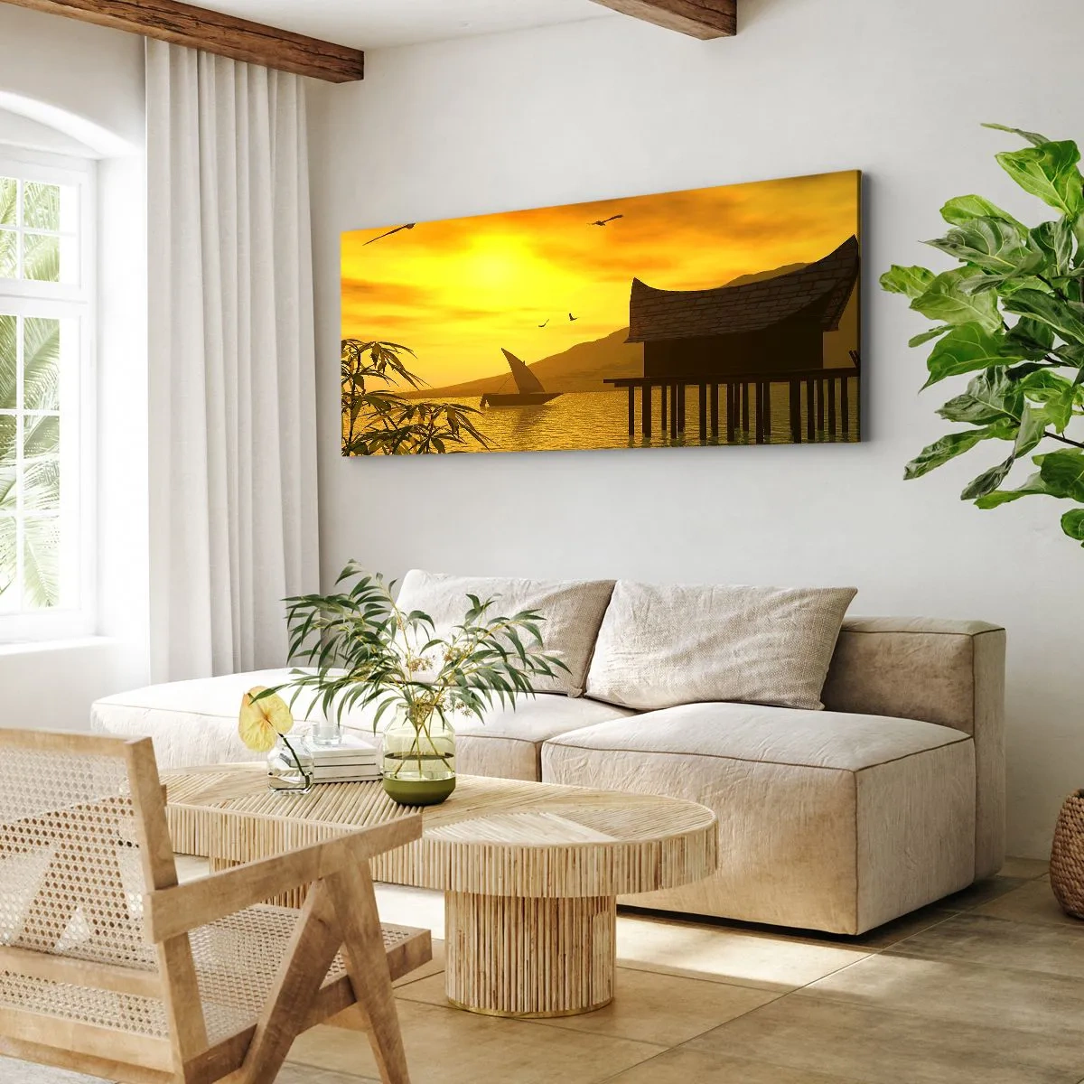 Cuadro sobre lienzo - Impresión de Imagen - Puesta de sol tropical sobre el agua con casa de madera sobre pilotes. - 120x50cm - La ansiada paz - Decoración de pared moderna para salón y dormitorio ARTTOR