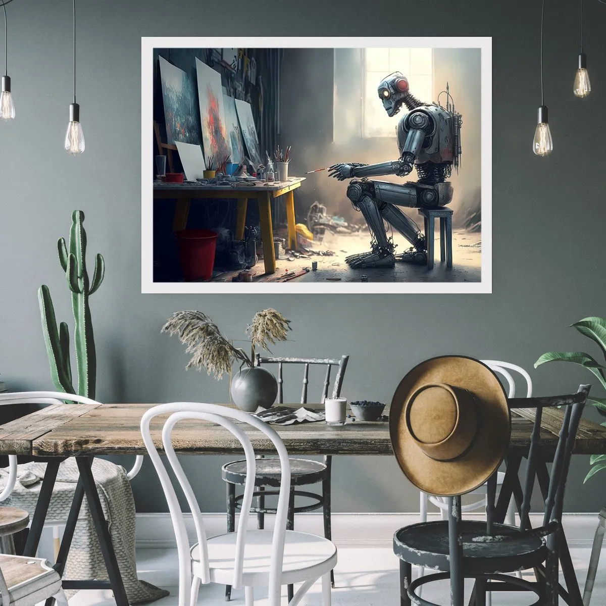 Póster - Un robot pintando un cuadro en un estudio de arte. - 100x70cm - El acto de creación - Decoración de pared moderna para salón y dormitorio ARTTOR