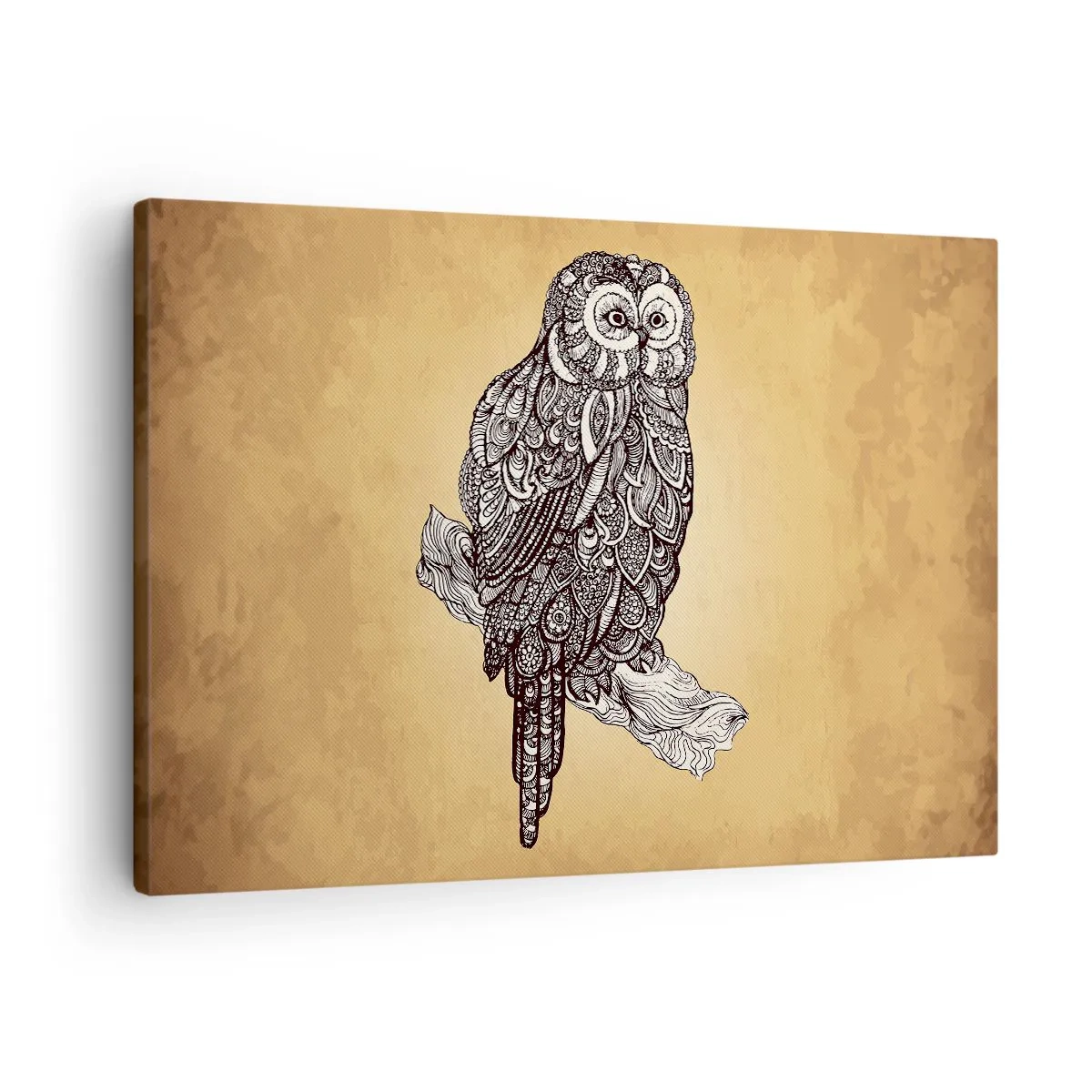 Cuadro sobre lienzo - Impresión de Imagen - Un búho en estilo ornamental sobre un fondo beige. - 70x50cm - Intrincados ornamentos de sabiduría - Decoración de pared moderna para salón y dormitorio ARTTOR