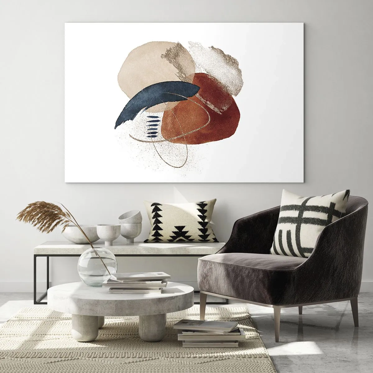 Cuadro sobre vidrio - Impresiones sobre Vidrio - Una composición abstracta en tonos cálidos con elementos acuáticos. - 70x50cm - Composición ovalada - Decoración de pared moderna para salón y dormitorio ARTTOR
