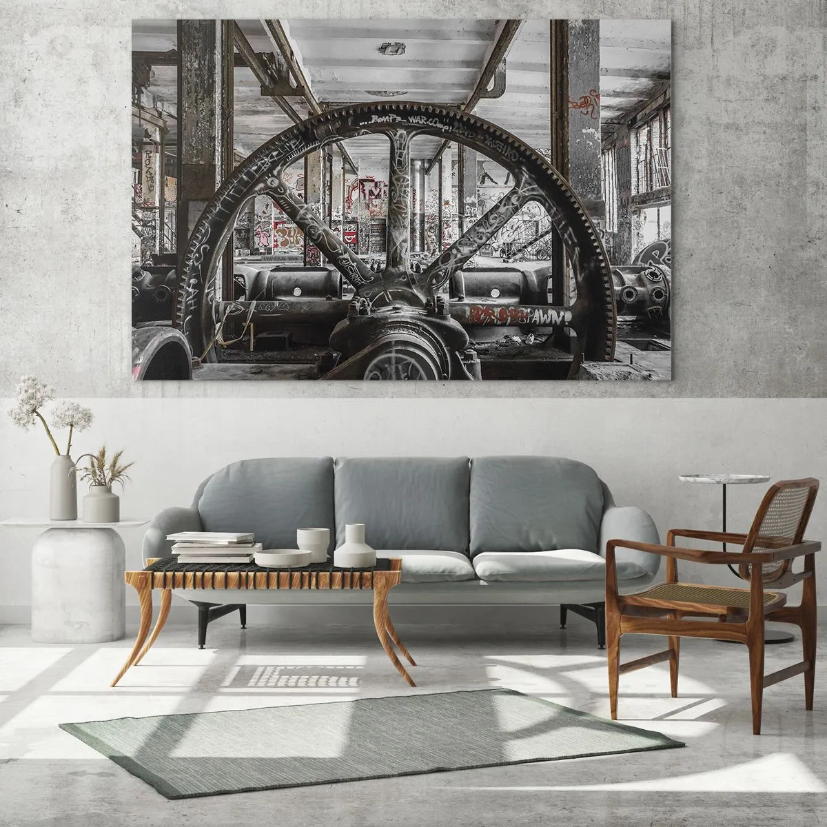Cuadro sobre vidrio - Impresiones sobre Vidrio - Interior industrial histórico con una rueda dentada - 100x70cm - La vida secreta de una fábrica - Decoración de pared moderna para salón y dormitorio ARTTOR