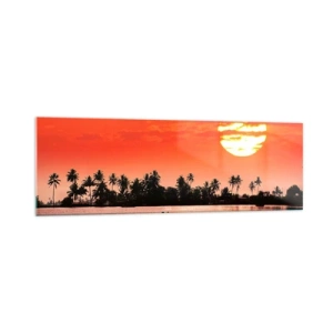 Cuadro sobre vidrio - Impresiones sobre Vidrio - Atardecer tropical con un barco y palmeras al fondo - 160x50cm - La paz de los trópicos al atardecer - Decoración de pared moderna para salón y dormitorio ARTTOR