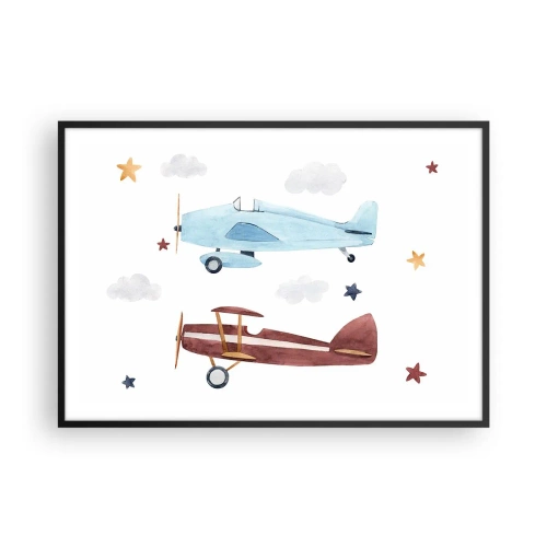Póster en marco negro - Aviones pintados a mano sobre un fondo de nubes y estrellas. - 100x70cm - ¡Piloto, estamos esperando! - Decoración de pared moderna para salón y dormitorio ARTTOR