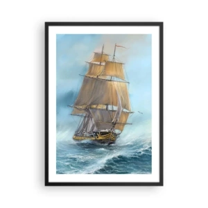 Póster en marco negro - Un velero navegando por un mar tempestuoso en un estilo realista. - 50x70cm - Surcando las olas - Decoración de pared moderna para salón y dormitorio ARTTOR