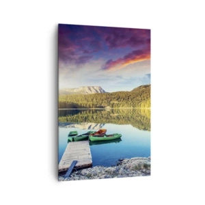 Cuadro sobre lienzo - Impresión de Imagen - Puesta de sol sobre el lago con barcos en el muelle - 80x120cm - Sobre el agua tan suave como un espejo - Decoración de pared moderna para salón y dormitorio ARTTOR