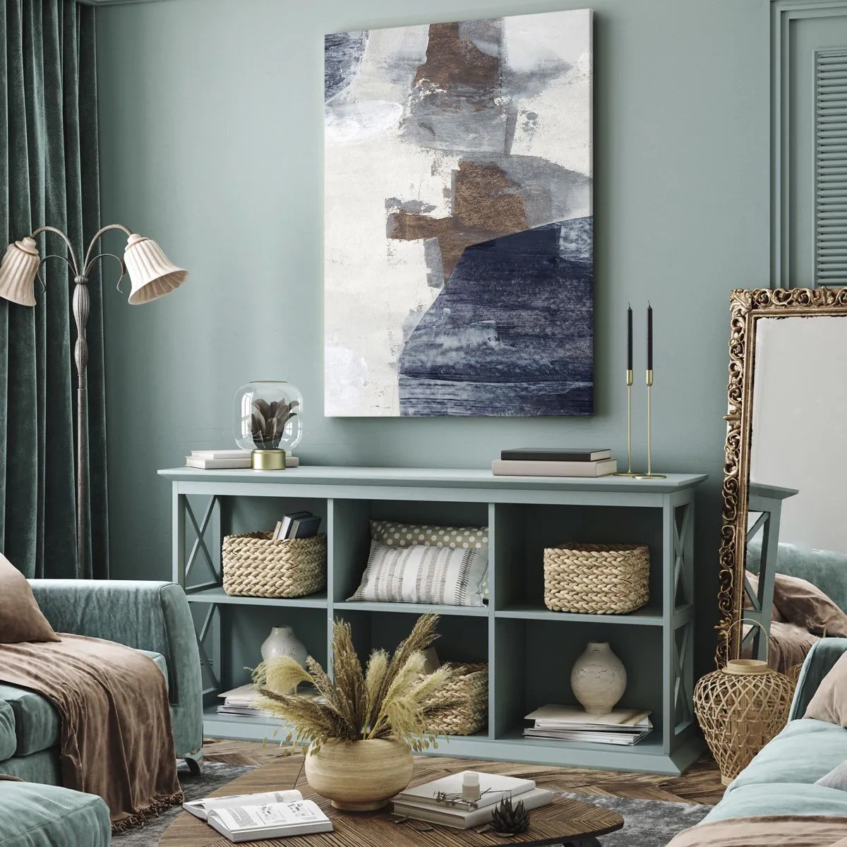 Cuadro sobre lienzo - Impresión de Imagen - Formas abstractas en tonos azules y marrones. - 50x70cm - Formas azules y marrones - Decoración de pared moderna para salón y dormitorio ARTTOR