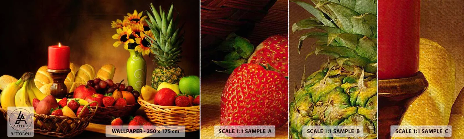 Muestra de fotomural Premium Canvas - Bodegón con pan y fruta - Gastronomía, flores, Fruta - 100x30 cm