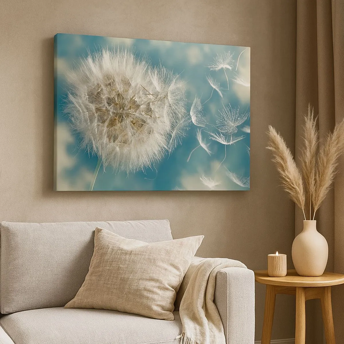 Cuadro sobre lienzo - Impresión de Imagen - Un diente de león desperdigado contra un cielo azul. - 70x50cm - El aliento de un ángel - Decoración de pared moderna para salón y dormitorio ARTTOR