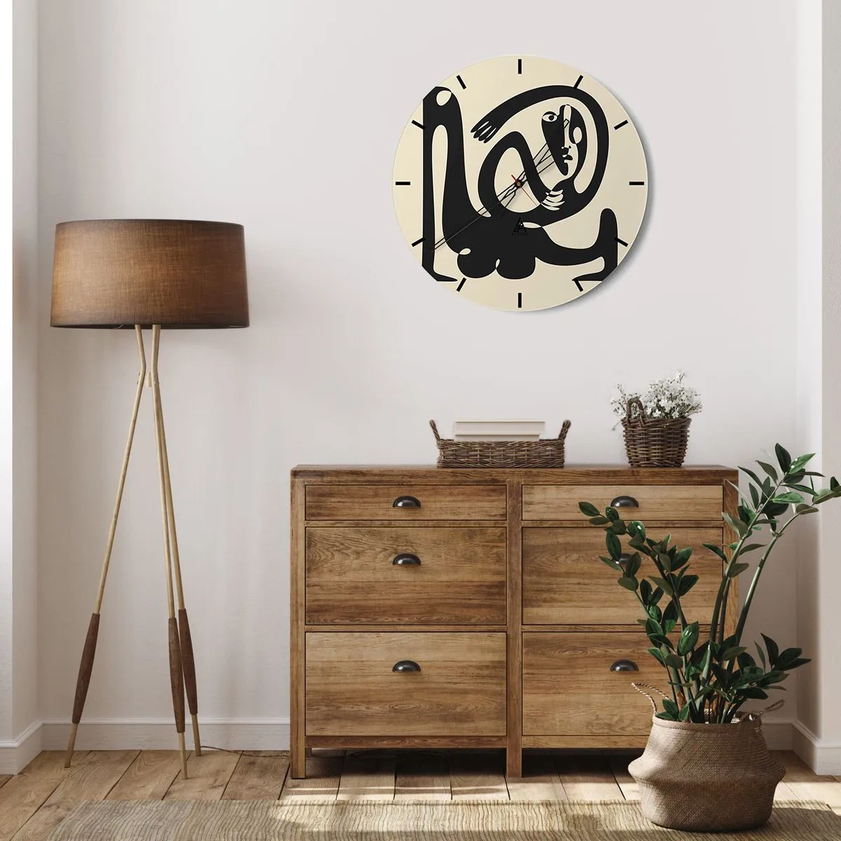 Reloj de pared - Reloj de vidrio - Una figura negra de estilo abstracto sobre un fondo crema. - 30x30cm - Casi Picasso - Decoración de pared moderna para salón, cocina y dormitorio ARTTOR