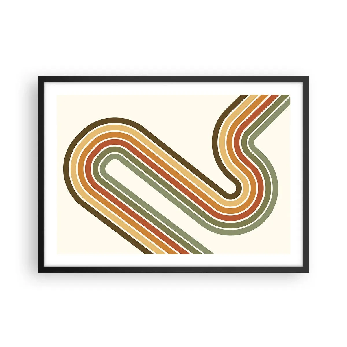 Póster en marco negro - Patrón geométrico en tonos verde, naranja y beige sobre un fondo claro. - 70x50cm - Zigzagueando hasta su destino - Decoración de pared moderna para salón y dormitorio ARTTOR