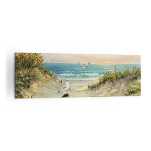 Cuadro sobre lienzo - Impresión de Imagen - Costa con gaviotas y dunas al atardecer - 160x50cm - Un retiro ventoso - Decoración de pared moderna para salón y dormitorio ARTTOR