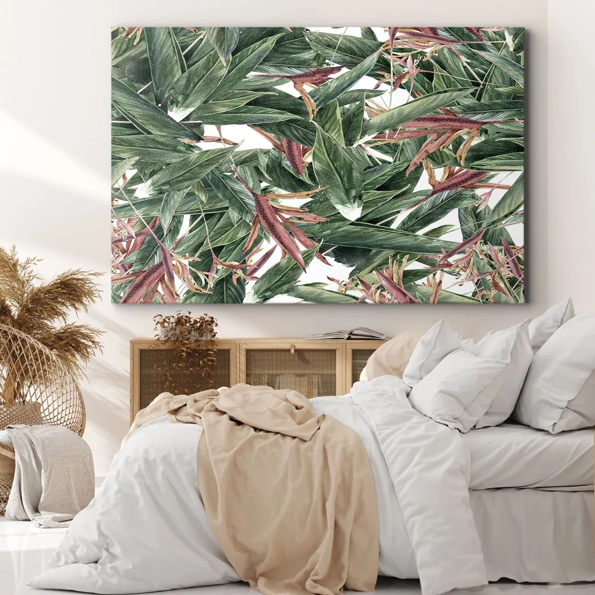 Cuadro sobre lienzo - Impresión de Imagen - Un motivo decorativo de hojas en tonos verdes y burdeos sobre un fondo claro. - 120x80cm - Naturaleza esmeralda y lila - Decoración de pared moderna para salón y dormitorio ARTTOR