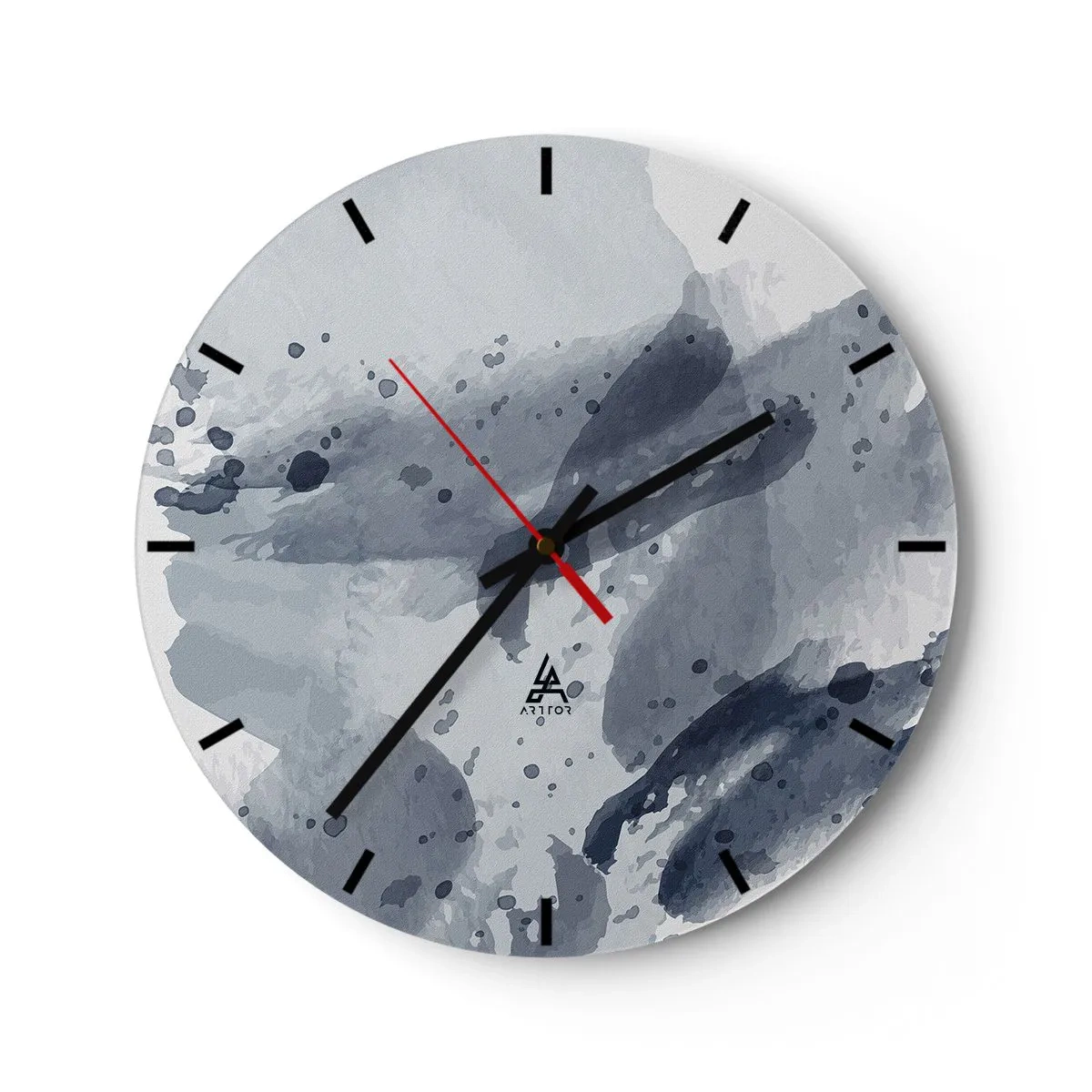 Reloj de pared - Reloj de vidrio - Manchas de estilo acuarela de color azul grisáceo sobre un fondo claro - 30x30cm - Un estudio sobre la naturaleza del agua - Decoración de pared moderna para salón, cocina y dormitorio ARTTOR