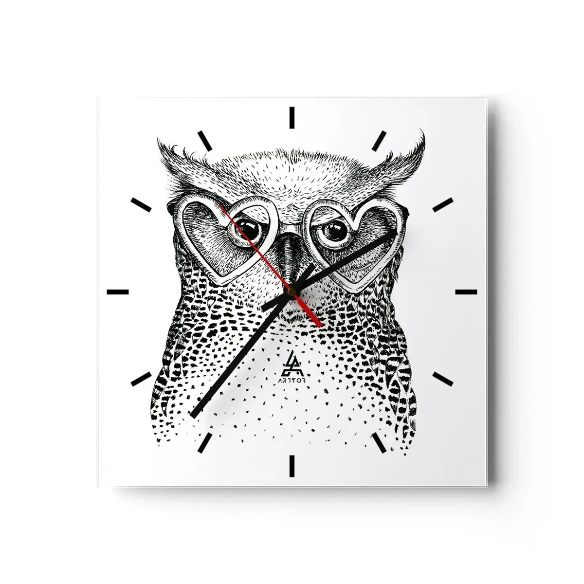 Reloj de pared - Reloj de vidrio - Gráfico elegante de un búho con gafas en forma de corazón. - 30x30cm - Con sabiduría y amor - Decoración de pared moderna para salón y dormitorio ARTTOR