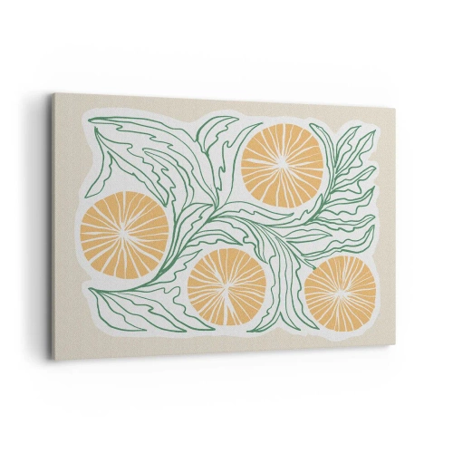 Cuadro sobre lienzo - Impresión de Imagen - Un motivo naranja minimalista con hojas verdes. - 100x70cm - Étnico con un toque de abstracción - Decoración de pared moderna para salón y dormitorio ARTTOR