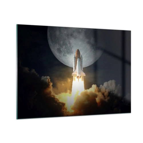 Cuadro sobre vidrio - Impresiones sobre Vidrio - Un lanzamiento de un cohete espacial con la luna y el cielo nocturno como telón de fondo. - 100x70cm - El comienzo de una aventura sobrenatural - Decoración de pared moderna para salón y dormitorio ARTTOR