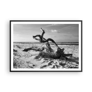 Póster en marco negro - Paisaje en blanco y negro con un árbol muerto en la playa. - 100x70cm - Escultura marina - Decoración de pared moderna para salón y dormitorio ARTTOR