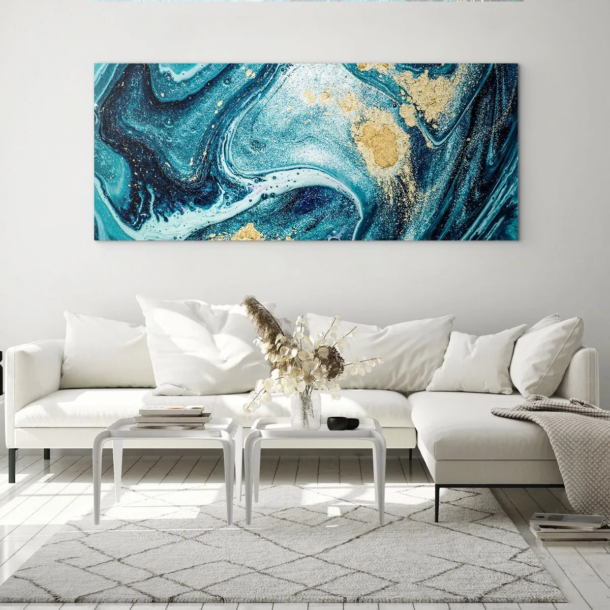 Cuadro sobre vidrio - Impresiones sobre Vidrio - Una composición abstracta de ondas y acentos dorados. - 160x50cm - Vórtice azul - Decoración de pared moderna para salón y dormitorio ARTTOR