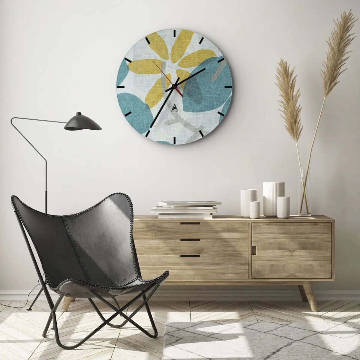 Reloj de pared - Reloj de vidrio - Hojas amarillas y turquesas sobre un fondo claro con textura de lino. - 30x30cm - Entre hojas azules - Decoración de pared moderna para salón, cocina y dormitorio ARTTOR