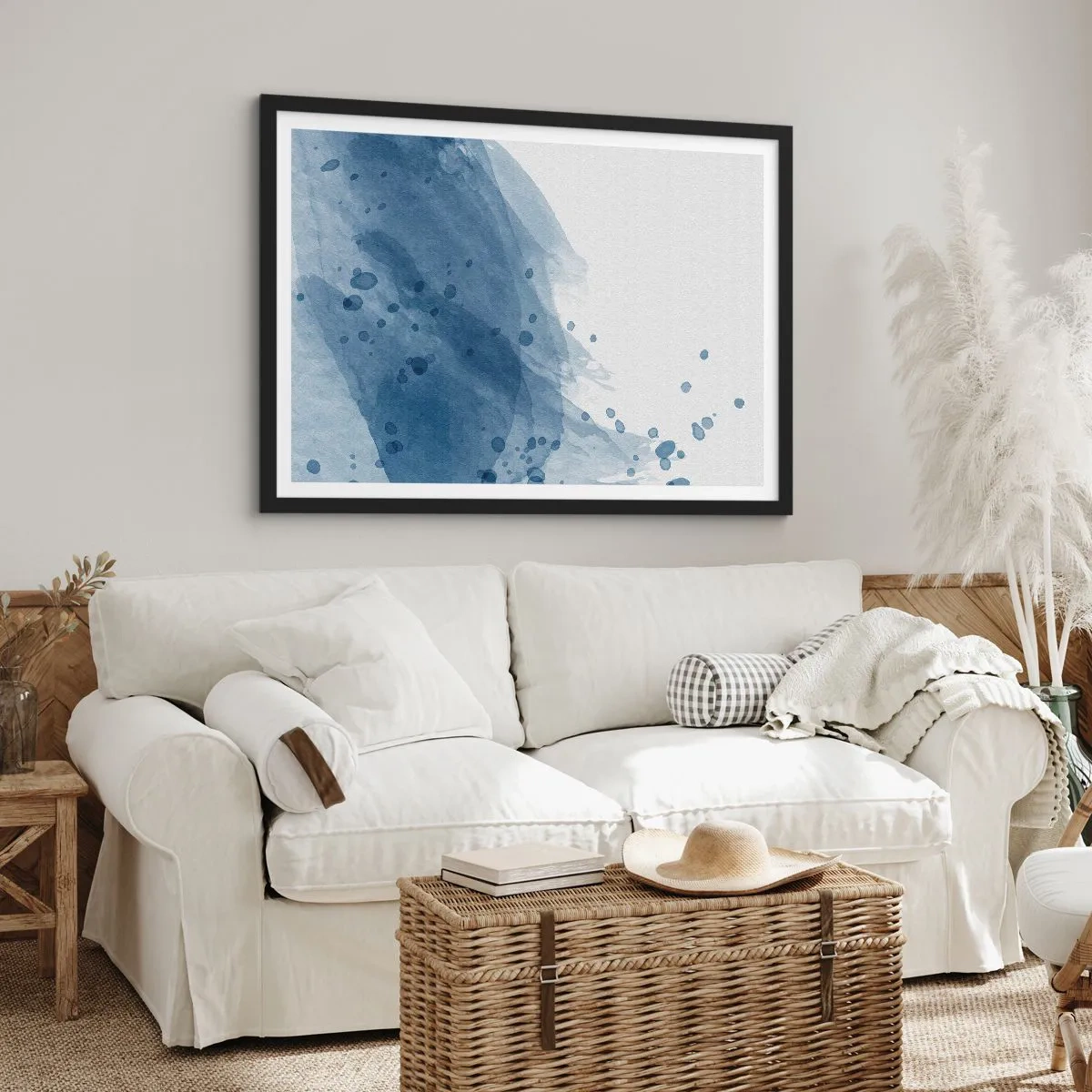 Póster en marco negro - Manchas y rayas abstractas en tonos azules - 70x50cm - Tul azul - Decoración de pared moderna para salón y dormitorio ARTTOR