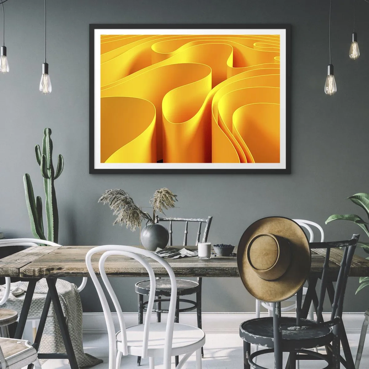Póster en marco negro - Ondas abstractas amarillas que se asemejan a los rayos del sol - 100x70cm - Como las olas del sol - Decoración de pared moderna para salón y dormitorio ARTTOR