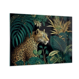 Cuadro sobre vidrio - Impresiones sobre Vidrio - Un leopardo entre hojas tropicales sobre un fondo oscuro. - 70x50cm - El anfitrión en la jungla - Decoración de pared moderna para salón y dormitorio ARTTOR