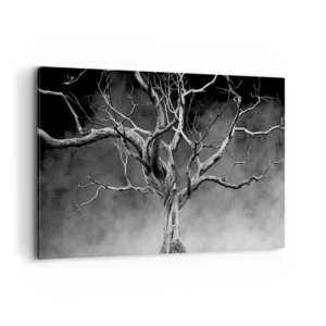 Cuadro sobre lienzo - Impresión de Imagen - Un árbol seco en blanco y negro contra la niebla. - 100x70cm - Primordial y sagrado - Decoración de pared moderna para salón y dormitorio ARTTOR