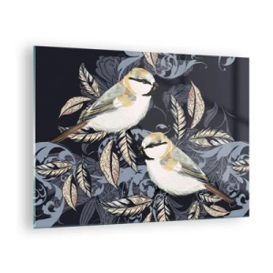 Cuadro sobre vidrio - Impresiones sobre Vidrio - Ilustración de dos pájaros sobre un fondo oscuro con adornos. - 70x50cm - En la copa del árbol - Decoración de pared moderna para salón y dormitorio ARTTOR