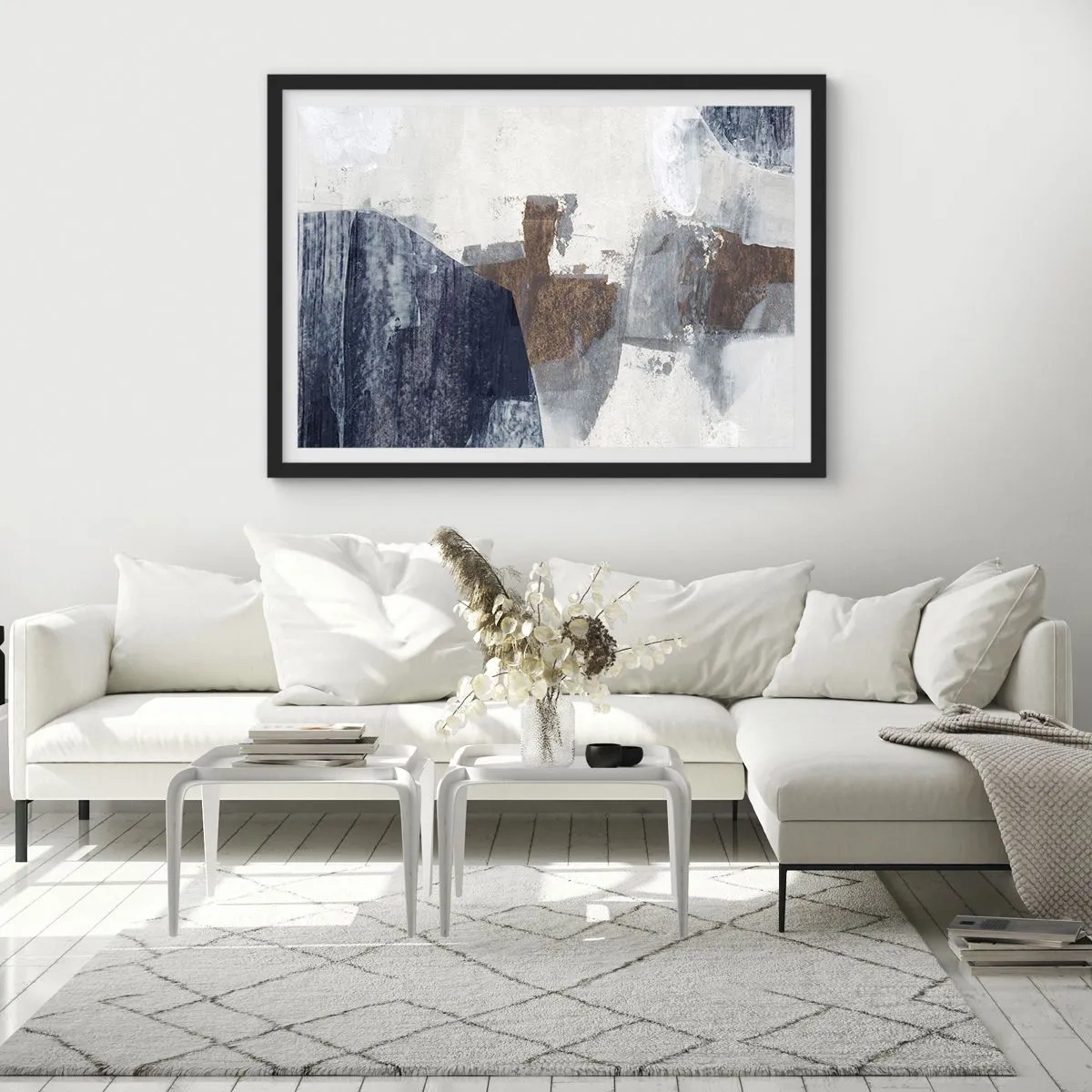 Póster en marco negro - Formas abstractas en tonos azules y marrones. - 70x50cm - Formas azules y marrones - Decoración de pared moderna para salón y dormitorio ARTTOR