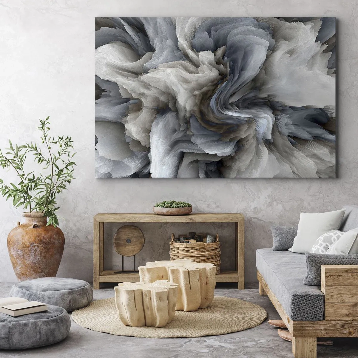 Cuadro sobre lienzo - Impresión de Imagen - Remolino abstracto en tonos de gris y azul. - 70x50cm - Piedra y flor - Decoración de pared moderna para salón y dormitorio ARTTOR