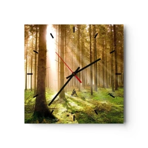 Reloj de pared - Reloj de vidrio - Bosque de coníferas con rayos de sol brillando a través de los árboles. - 30x30cm - Los elfos se aproximan - Decoración de pared moderna para salón y dormitorio ARTTOR