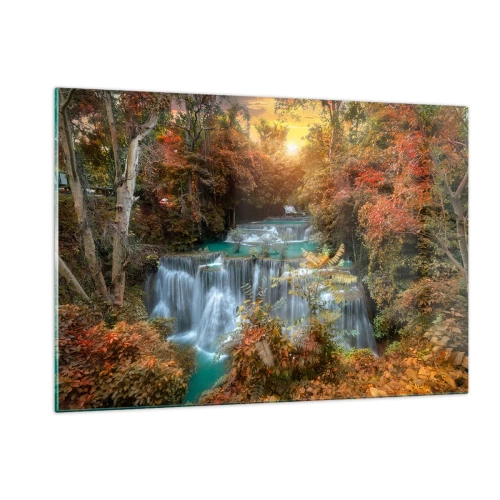Cuadro sobre vidrio - Impresiones sobre Vidrio - Una pintoresca cascada rodeada de un bosque otoñal al atardecer. - 120x80cm - El tesoro escondido del bosque - Decoración de pared moderna para salón y dormitorio ARTTOR