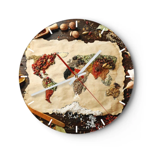 Reloj de pared - Reloj de vidrio - Mapa del mundo hecho de especias sobre un fondo de madera - 30x30cm - Todos los sabores del mundo - Decoración de pared moderna para salón, cocina y dormitorio ARTTOR