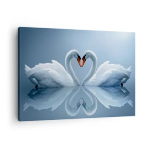 Cuadro sobre lienzo - Impresión de Imagen - Dos cisnes formando un corazón en una superficie tranquila del agua. - 70x50cm - Tiempo de amor - Decoración de pared moderna para salón y dormitorio ARTTOR