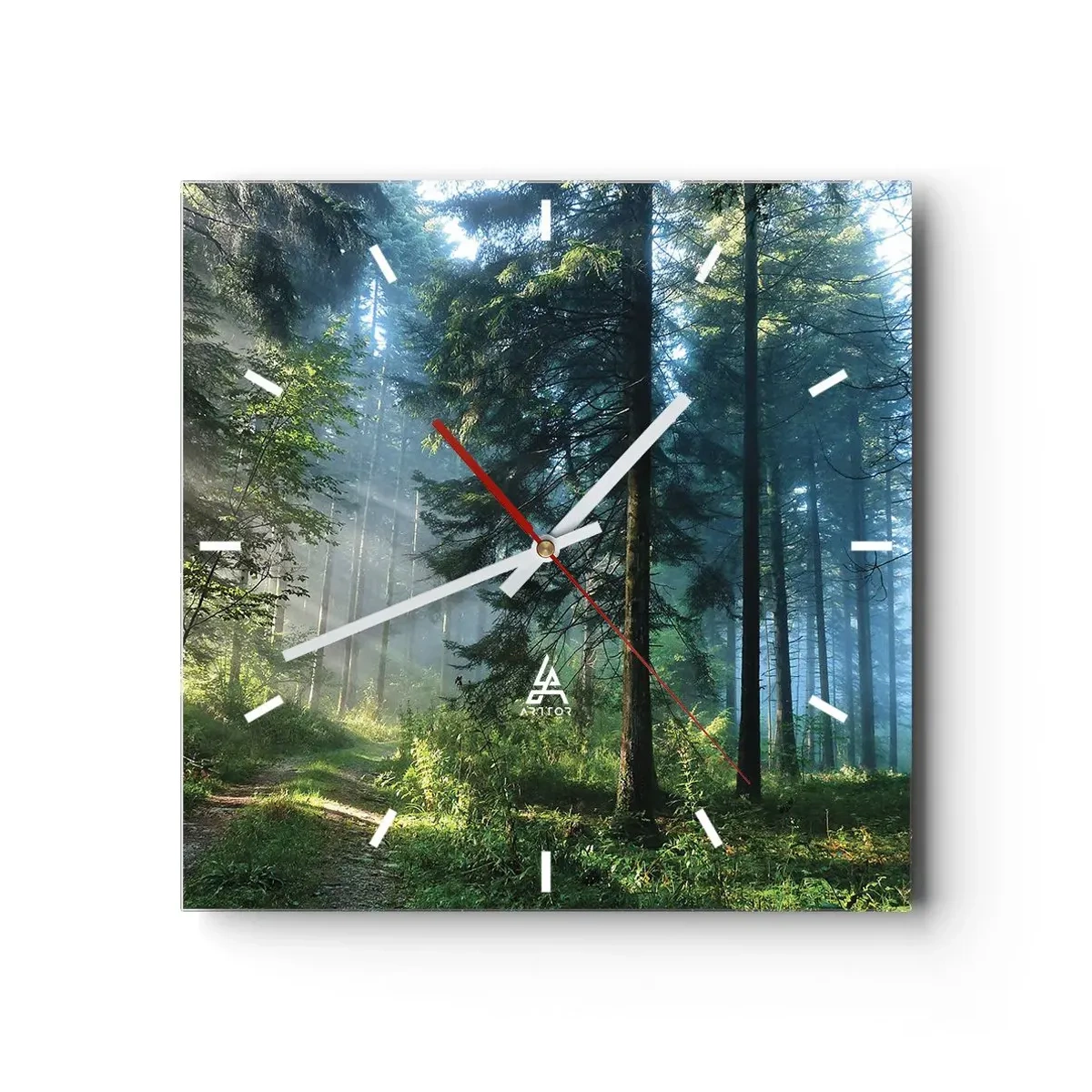 Reloj de pared - Reloj de vidrio - Un sendero forestal iluminado por los rayos del sol de la mañana. - 30x30cm - Radiante por la mañana - Decoración de pared moderna para salón y dormitorio ARTTOR