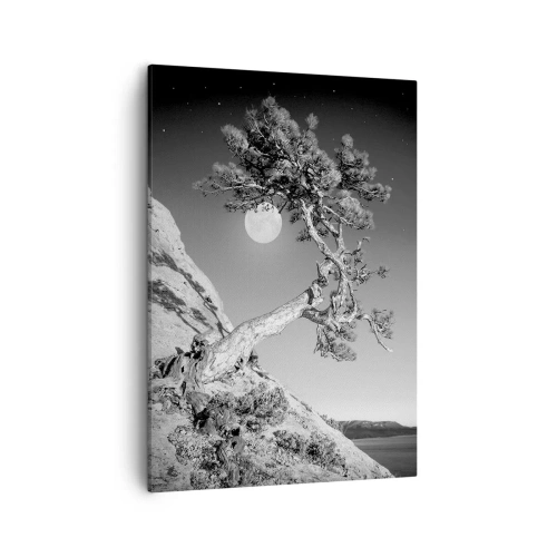 Cuadro sobre lienzo - Impresión de Imagen - Árbol en blanco y negro en un acantilado con la luna al fondo - 50x70cm - Un guerrero victorioso - Decoración de pared moderna para salón y dormitorio ARTTOR