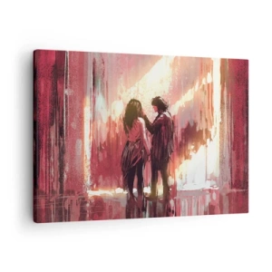 Cuadro sobre lienzo - Impresión de Imagen - Una pareja de pie bajo una luz cálida contra un fondo de patrones abstractos. - 70x50cm - El eterno espectáculo del amor - Decoración de pared moderna para salón y dormitorio ARTTOR