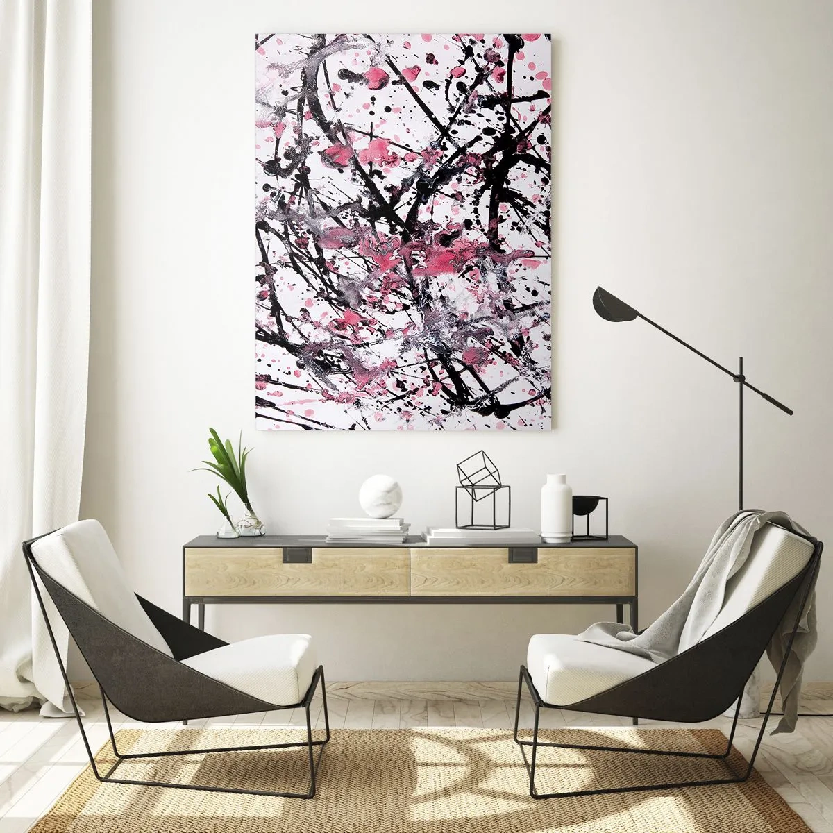 Cuadro sobre vidrio - Impresiones sobre Vidrio - Líneas abstractas dinámicas y manchas rosas sobre un fondo blanco - 50x70cm - La fugacidad de la vida - Decoración de pared moderna para salón y dormitorio ARTTOR