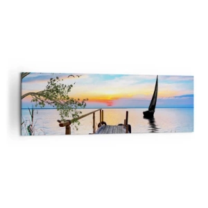 Cuadro sobre lienzo - Impresión de Imagen - Muelle del lago con barco y puesta de sol - 160x50cm - Que llegue la noche - Decoración de pared moderna para salón y dormitorio ARTTOR