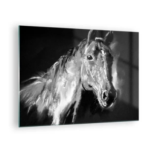 Cuadro sobre vidrio - Impresiones sobre Vidrio - Retrato de un caballo en tonos blanco y negro sobre un fondo oscuro. - 70x50cm - El brillo de un alma noble - Decoración de pared moderna para salón y dormitorio ARTTOR