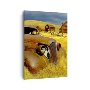 Cuadro sobre lienzo - Impresión de Imagen - Un viejo coche oxidado con el telón de fondo de cabañas de madera abandonadas. - 50x70cm - Un merecido descanso - Decoración de pared moderna para salón y dormitorio ARTTOR