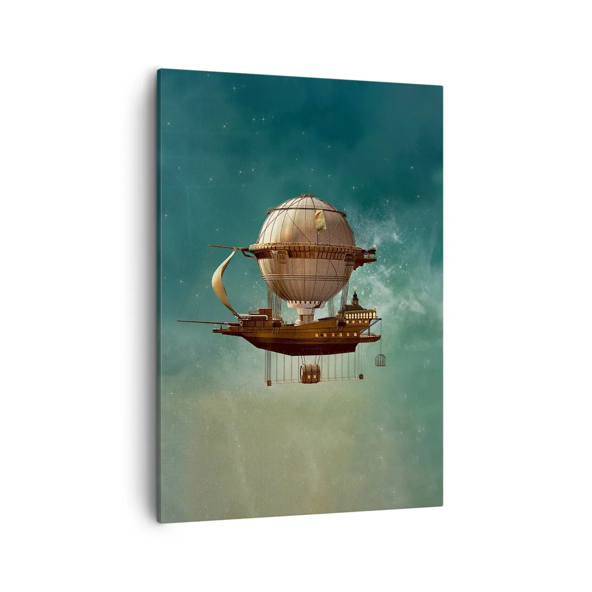 Cuadro sobre lienzo - Impresión de Imagen - Un dirigible fantástico contra el cielo verdoso. - 50x70cm - Julio Verne saluda - Decoración de pared moderna para salón y dormitorio ARTTOR