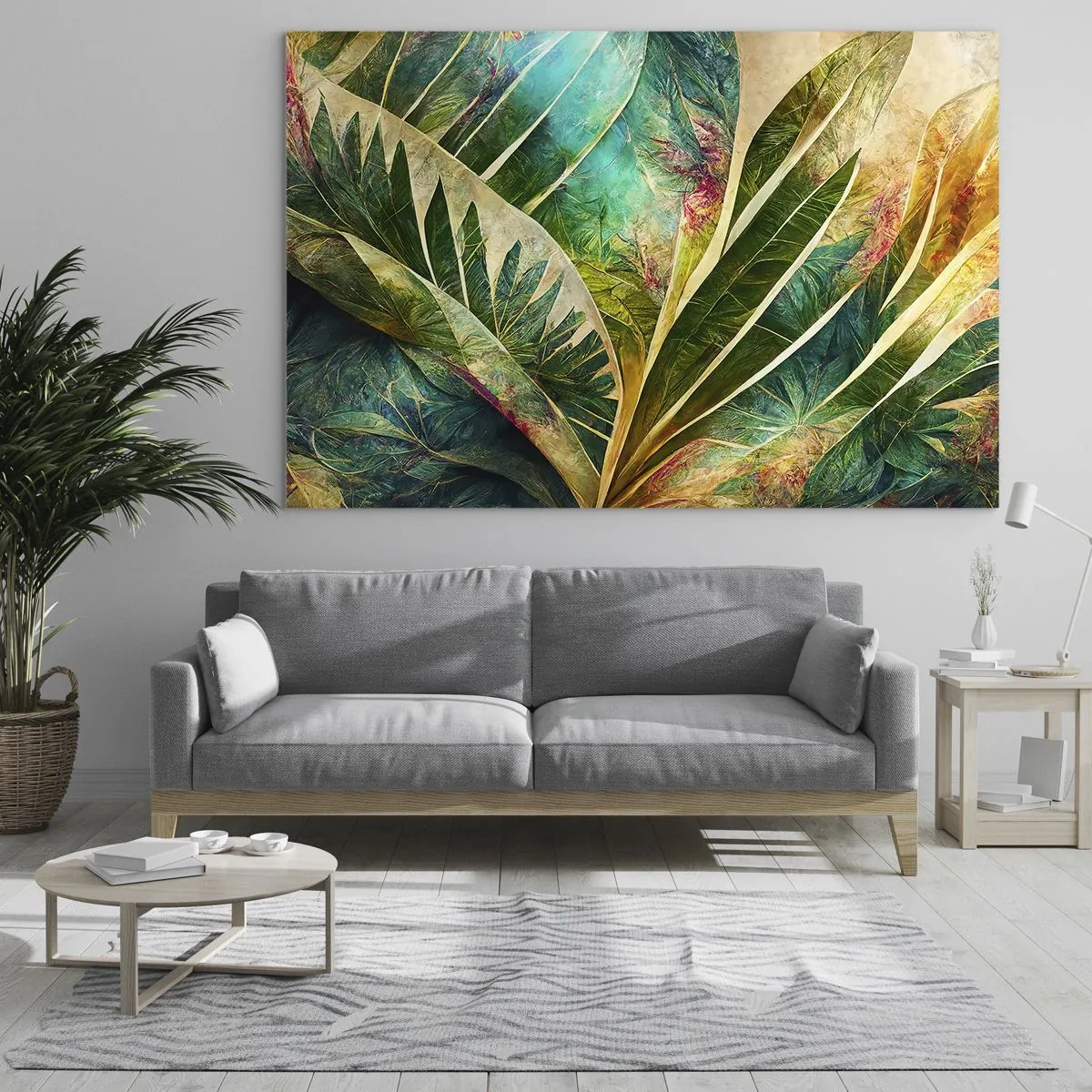 Cuadro sobre vidrio - Impresiones sobre Vidrio - Hojas coloridas con un toque tropical. - 70x50cm - Los colores del trópico - Decoración de pared moderna para salón y dormitorio ARTTOR