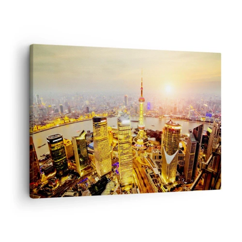 Cuadro sobre lienzo - Impresión de Imagen - Panorama de la ciudad con rascacielos al atardecer - 70x50cm - Sueño asiático - Decoración de pared moderna para salón y dormitorio ARTTOR