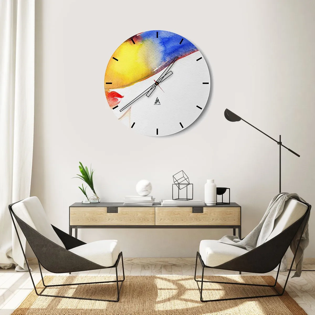 Reloj de pared - Reloj de vidrio - Retrato abstracto con salpicaduras de acuarela - 30x30cm - Retrato de una dama    - Decoración de pared moderna para salón, cocina y dormitorio ARTTOR