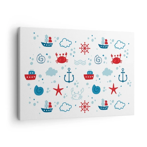 Cuadro sobre lienzo - Impresión de Imagen - Patrón náutico con anclas, barcos y cangrejos. - 70x50cm - Un cuento de mar - Decoración de pared moderna para salón y dormitorio ARTTOR
