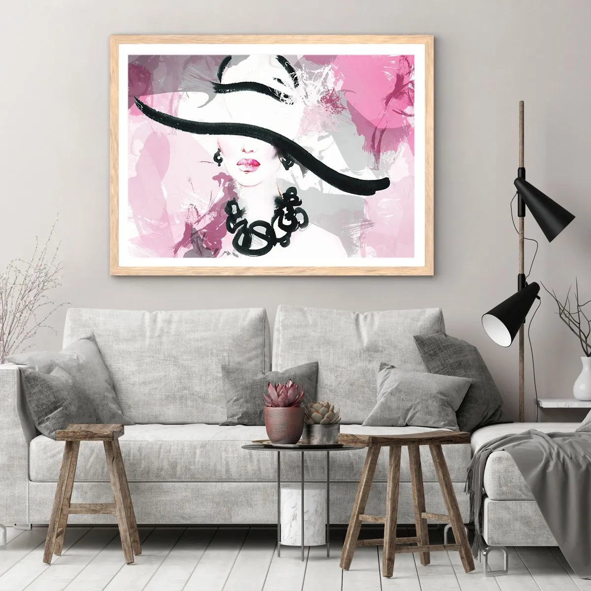 Póster en marco roble claro - Retrato de una dama en negro y rosa - 70x50 cm