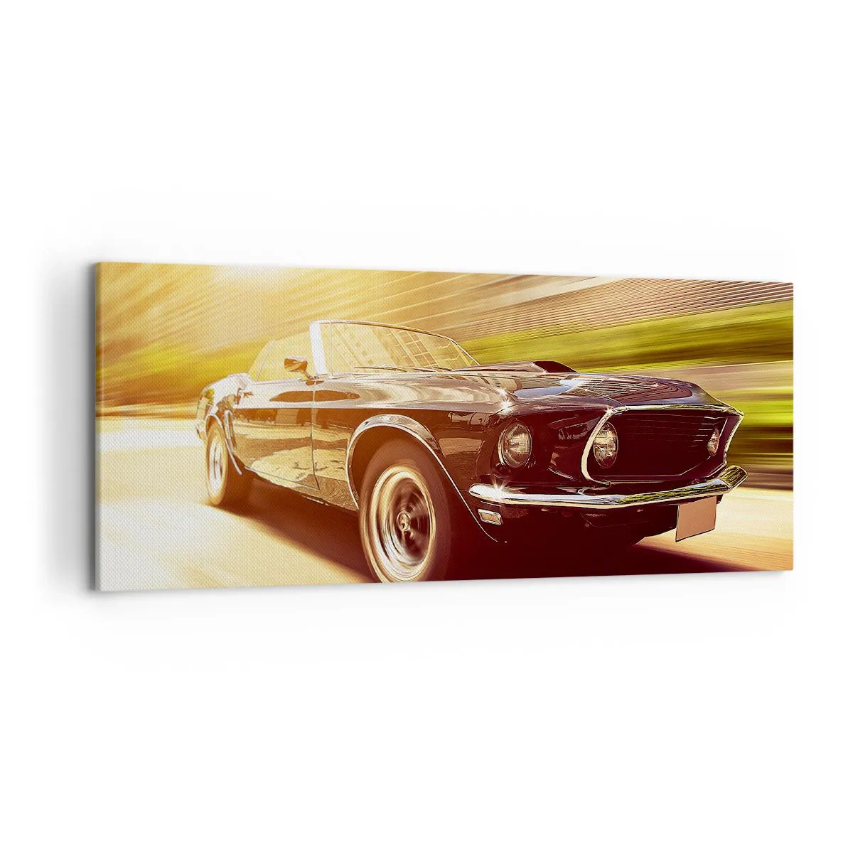 Cuadro sobre lienzo - Impresión de Imagen - Un coche clásico en movimiento con un telón de fondo urbano. - 120x50cm - 1967 - El retorno de una leyenda - Decoración de pared moderna para salón y dormitorio ARTTOR