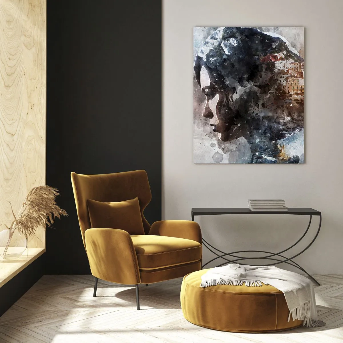 Cuadro sobre vidrio - Impresiones sobre Vidrio - Un perfil de mujer en estilo acuarela con una ciudad al fondo. - 50x70cm - Una historia sobre una niña con una ciudad de fondo - Decoración de pared moderna para salón y dormitorio ARTTOR
